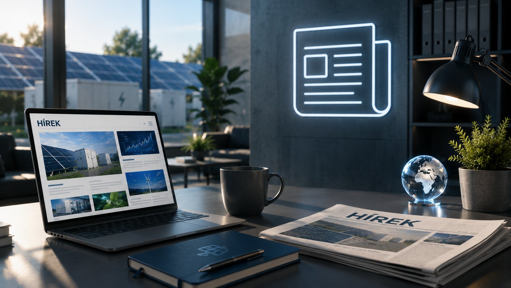 Energetikai hírek — laptop hírportállal és nyomtatott újság