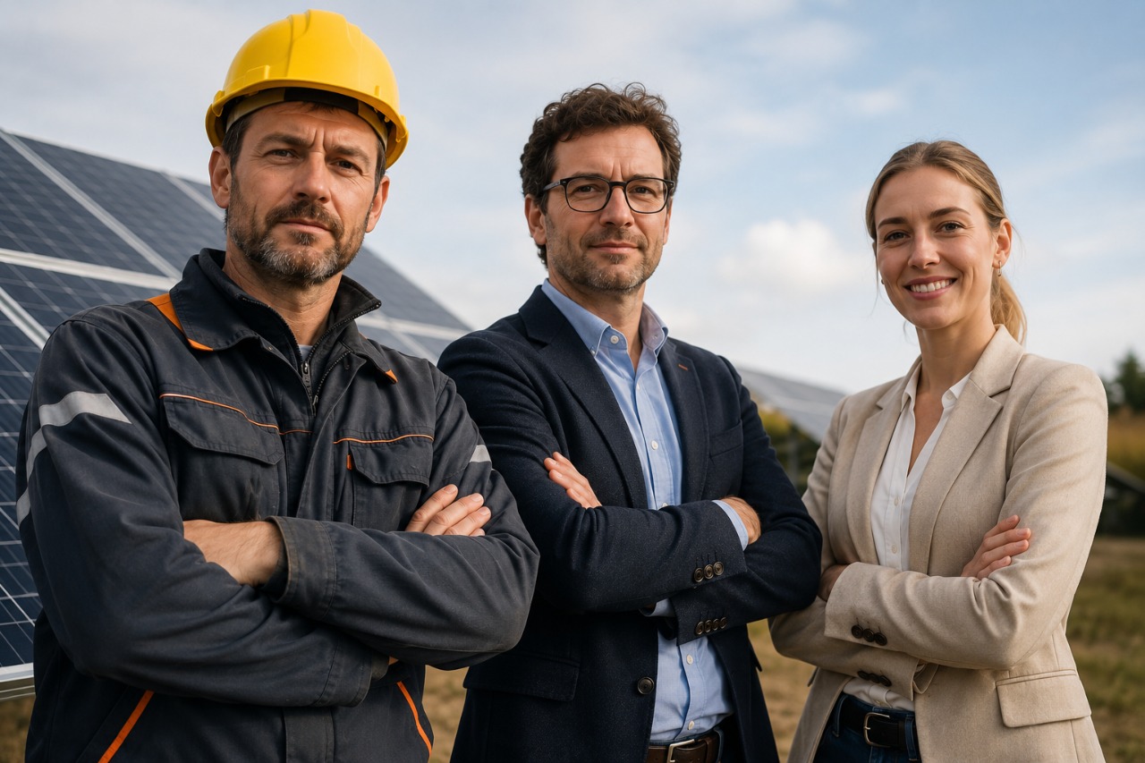 A PV Napenergia csapata egy naperőmű előtt